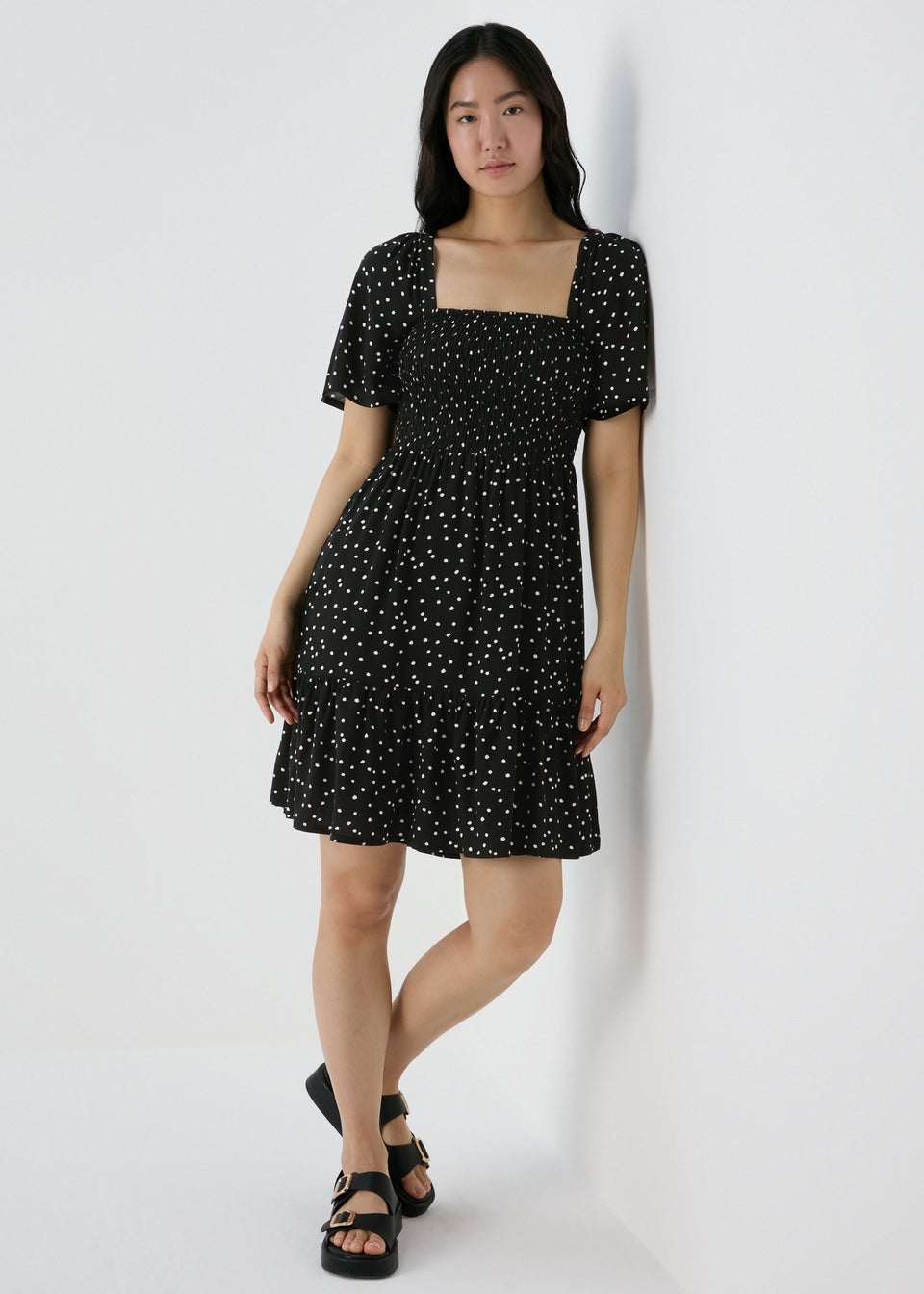 Black Spot Design Shirred Bodice Mini Dress