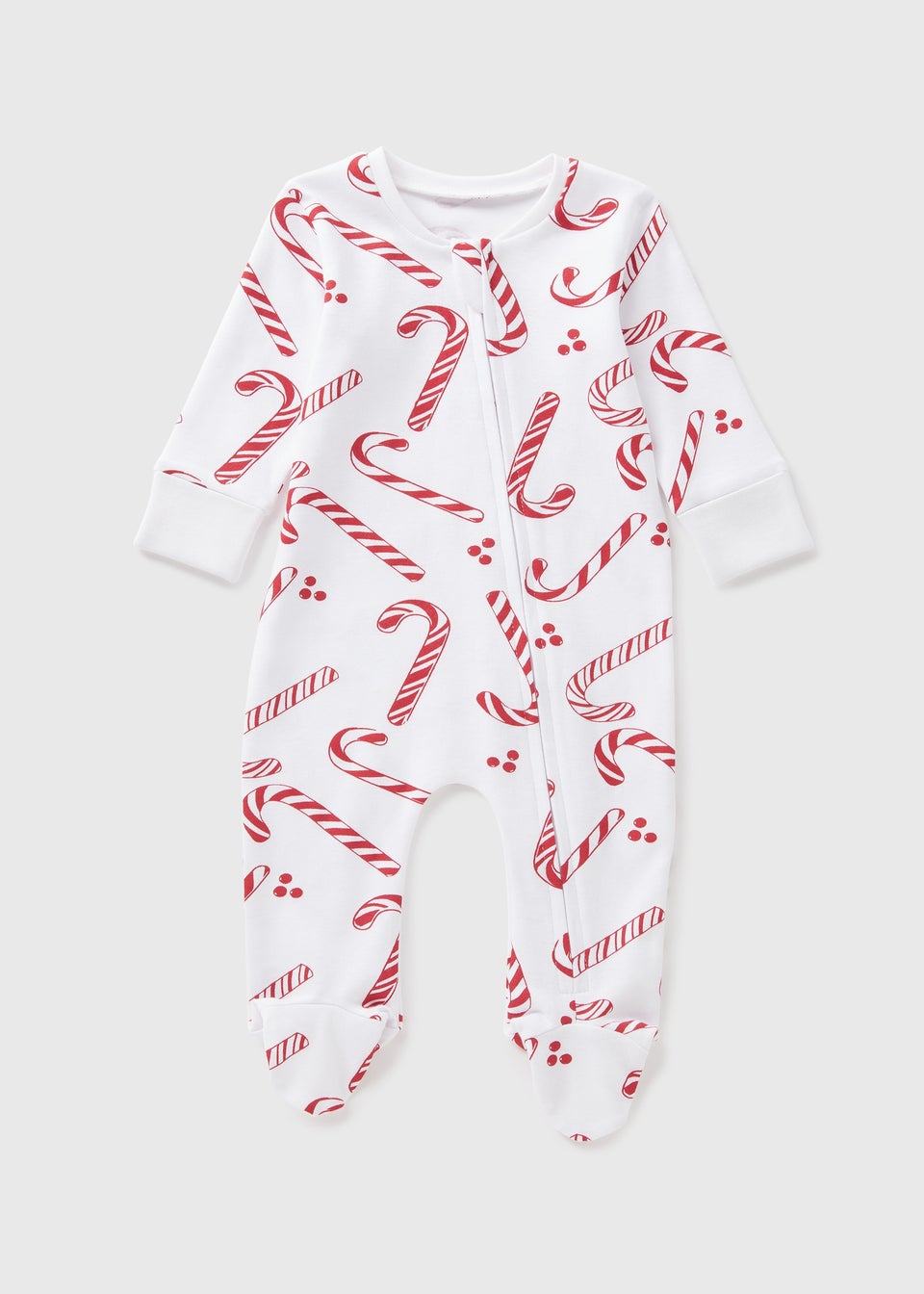 Baby White Christmas Candy Cane Sleepsuit (First Size-18mths)