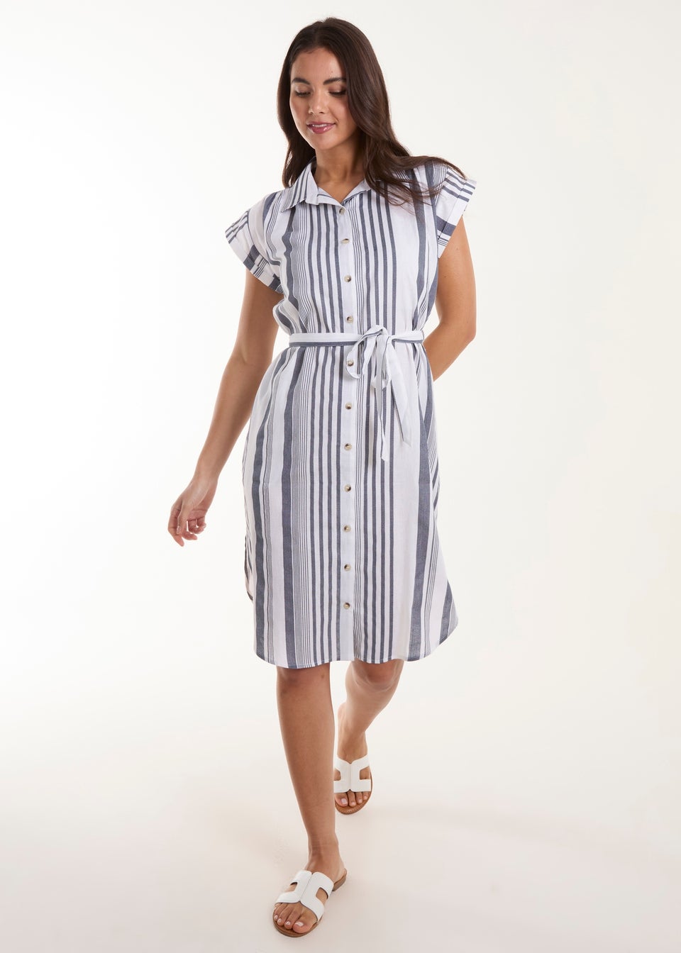 Blue Vanilla White Stripe Button Front Shirt Dress