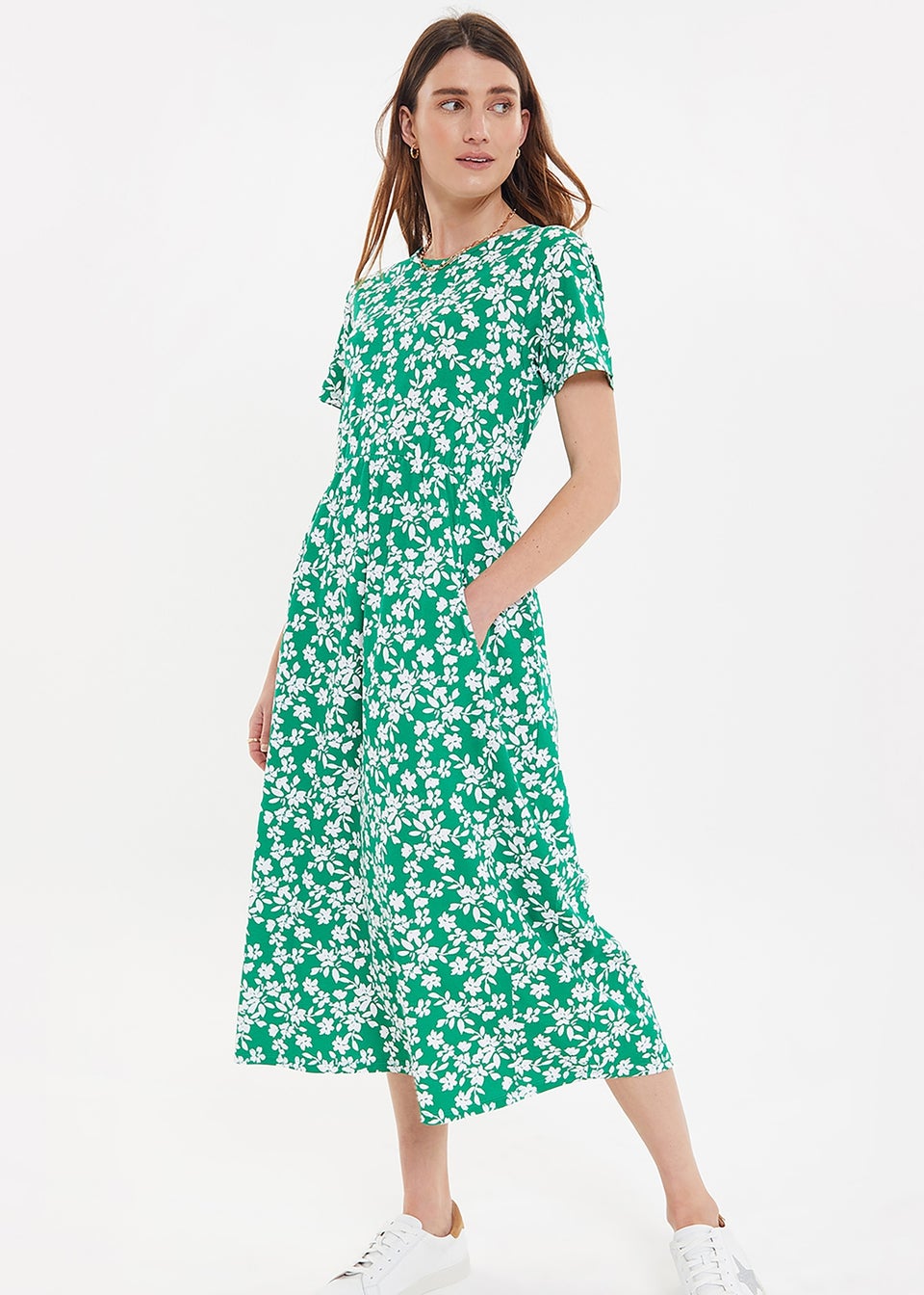 Threadbare Green Danni Cotton Smock-Style Dress