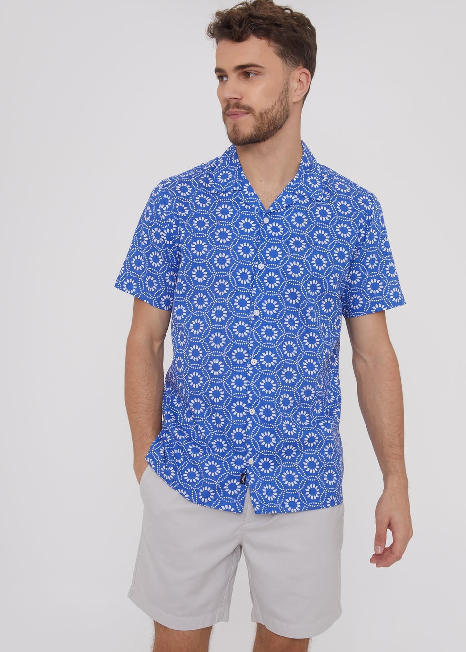 Threadbare Blue Tribal Short Sleeve Floral Print Cotton Shirt