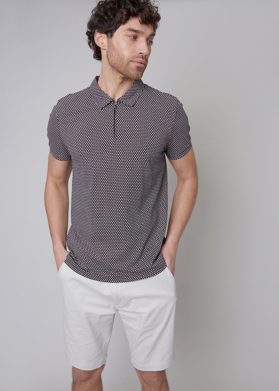 Threadbare Chocolate Dion Geometric Print Zip Collar Jersey Polo Shirt