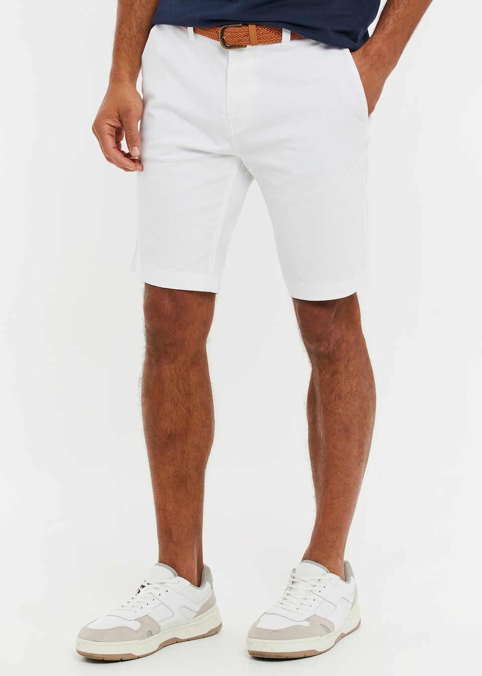 Threadbare White Conta Cotton Turn-Up Chino Shorts with Woven Belt