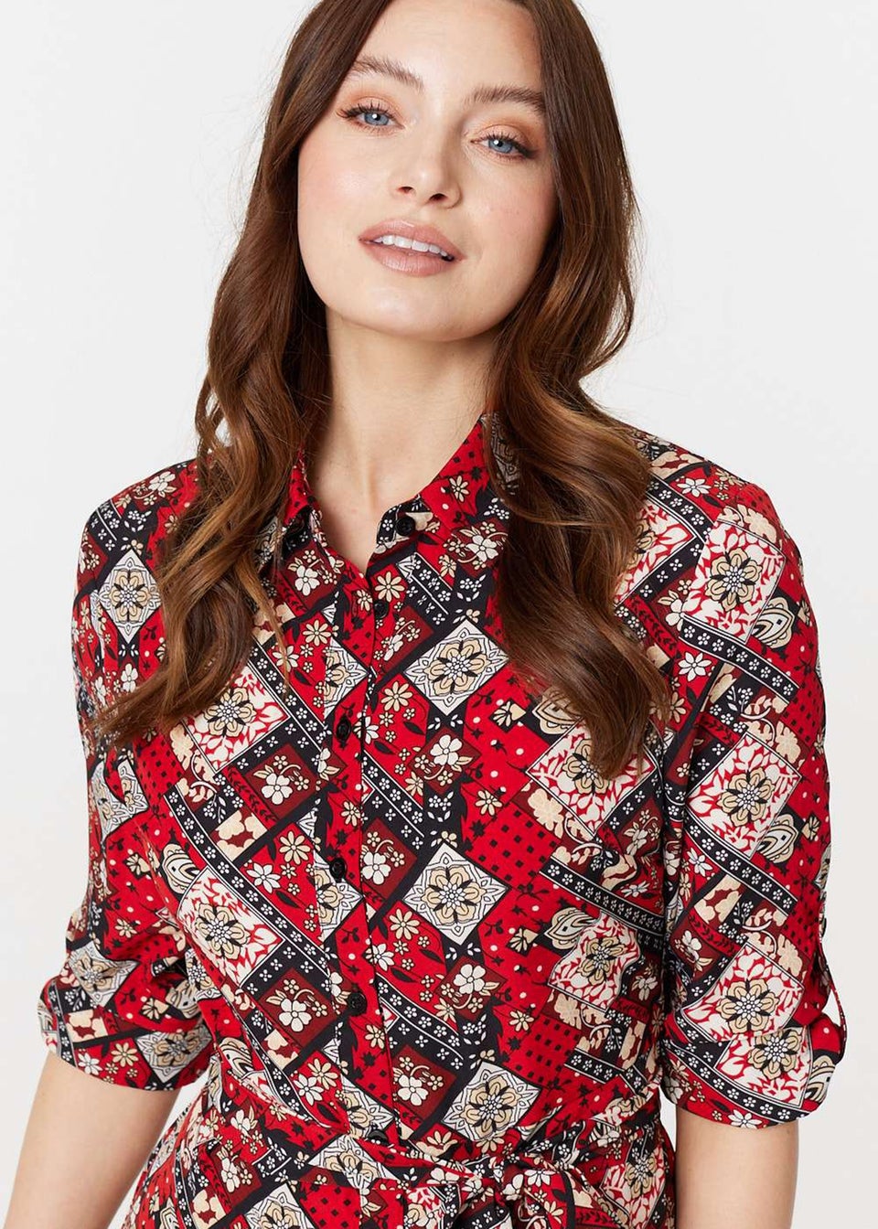 Izabel London Red Printed Tie Waist Midi Shirt Dress