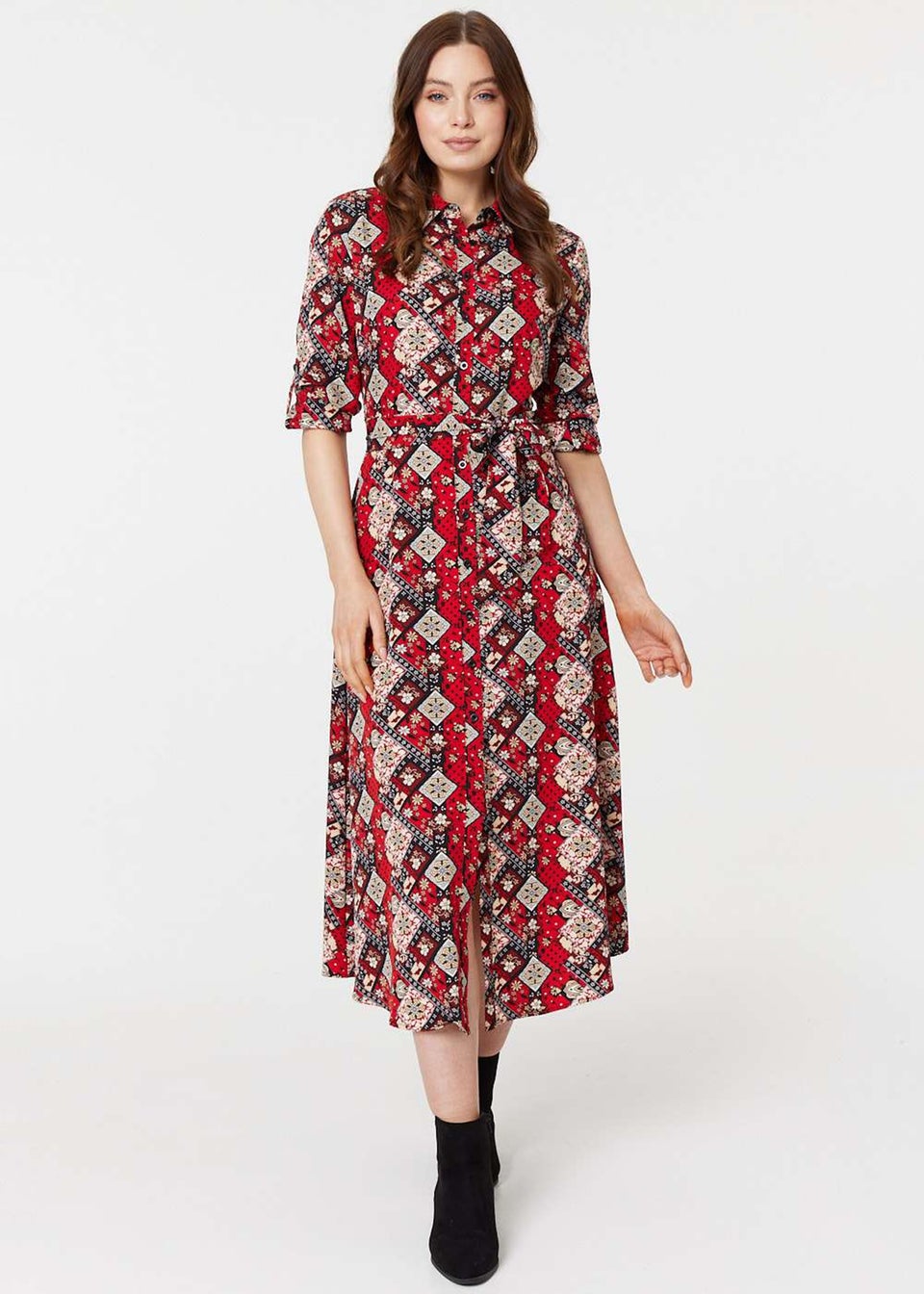 Izabel London Red Printed Tie Waist Midi Shirt Dress