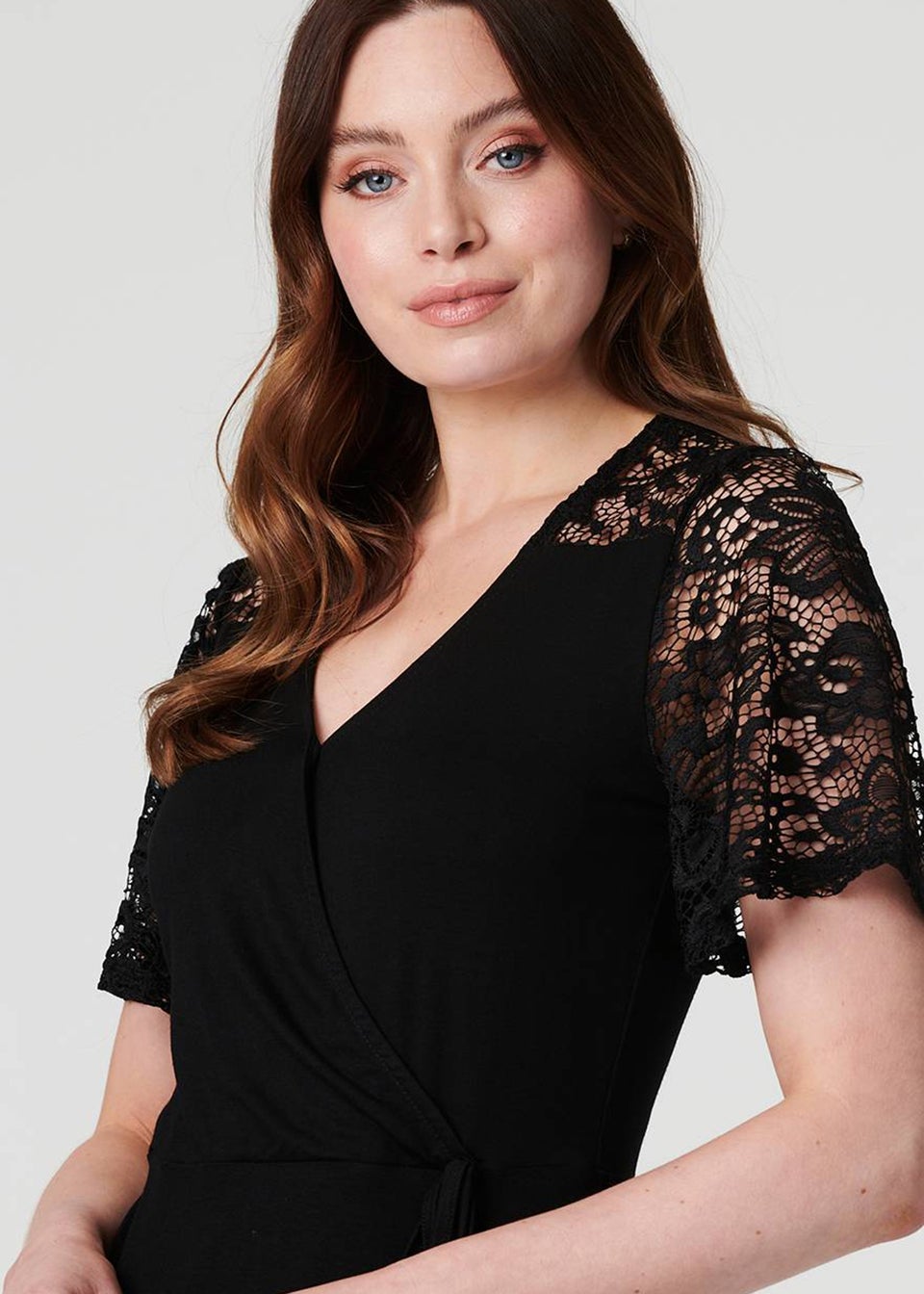 Izabel London Black Lace Sleeve V-Neck Peplum Top