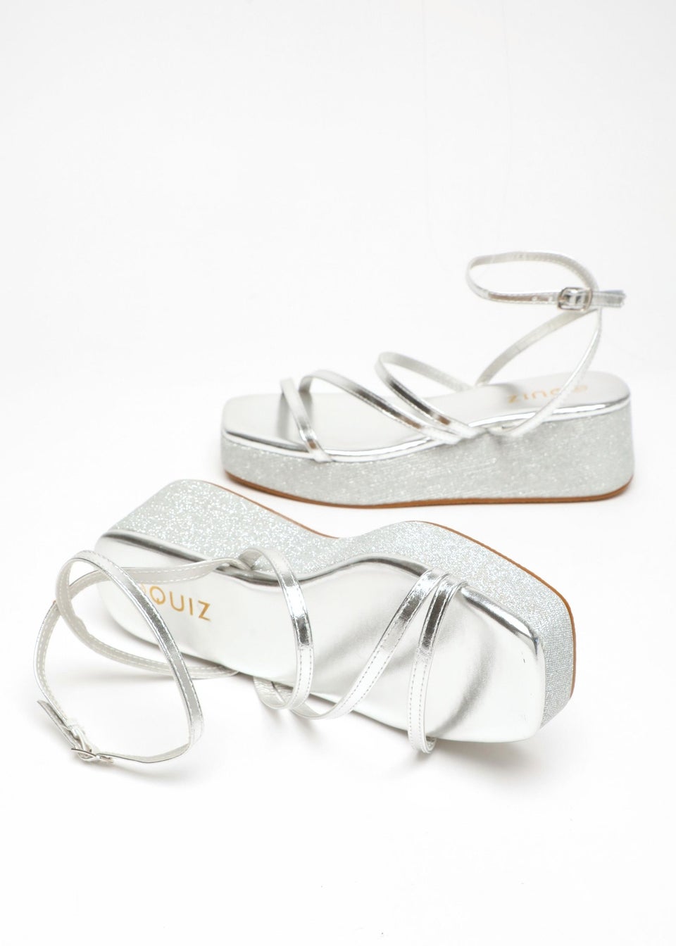 Quiz Silver Glitter Strappy Flatform Sandals Matalan