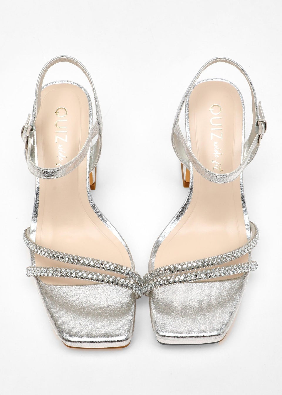 Quiz Silver Wide Fit Diamante Platform Heeled Sandals