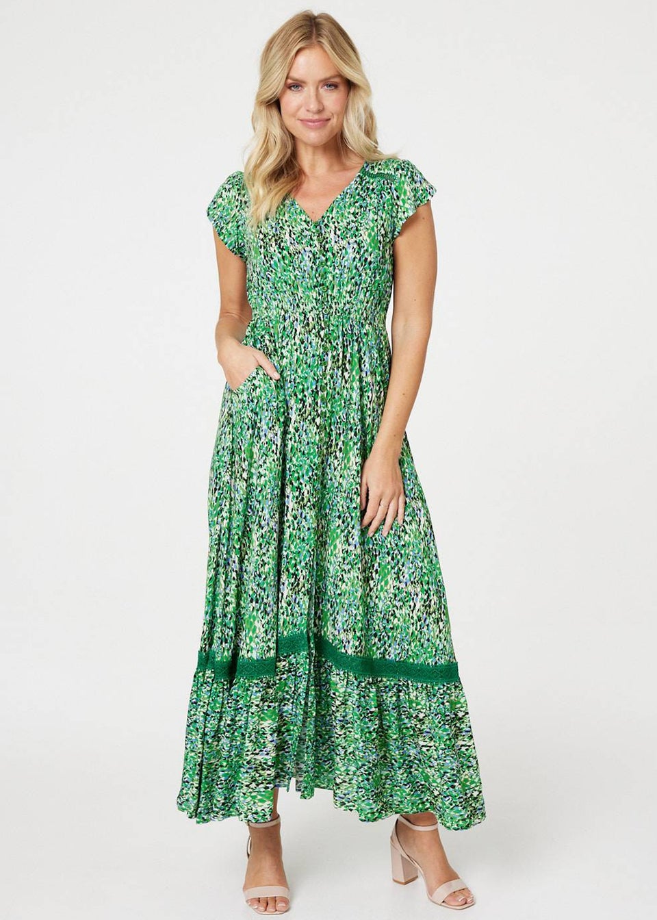 Izabel London Green Printed Lace Detail Maxi Dress