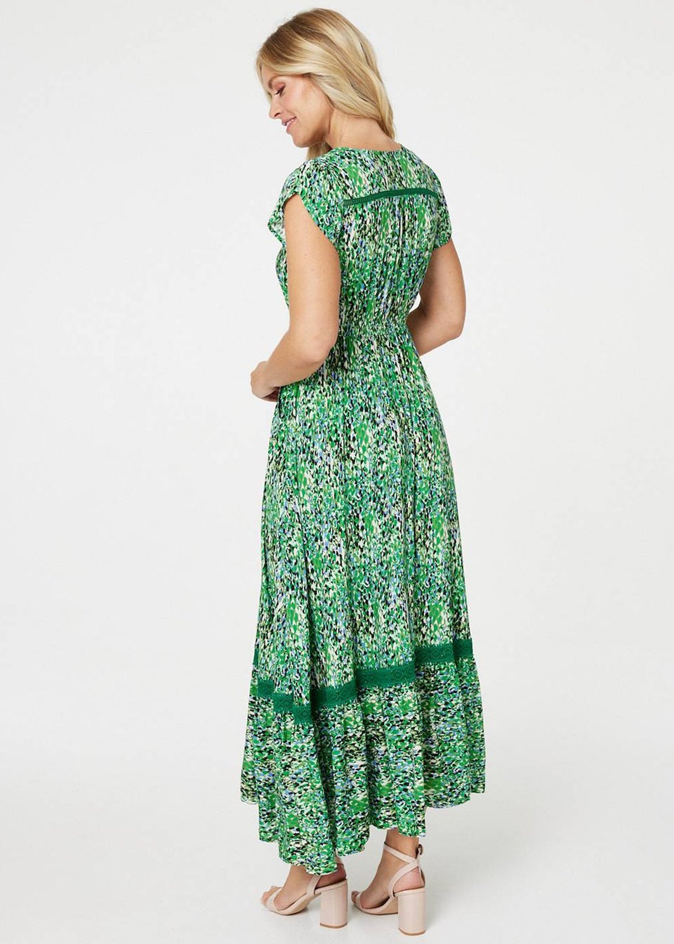 Izabel London Green Printed Lace Detail Maxi Dress