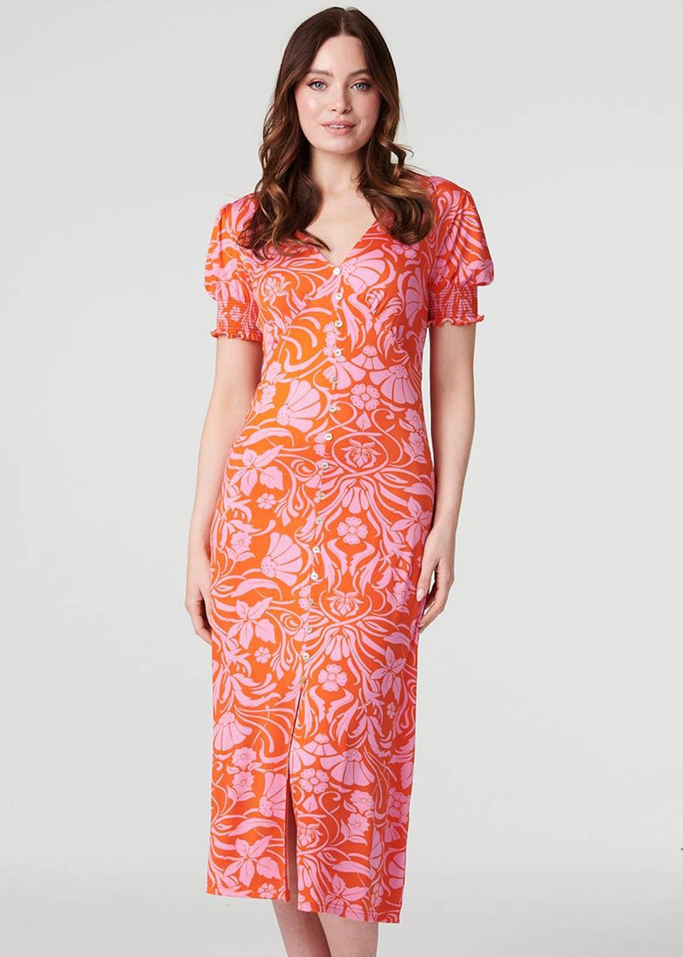 Izabel London Orange Floral Tie Back Midi Tea Dress - Matalan