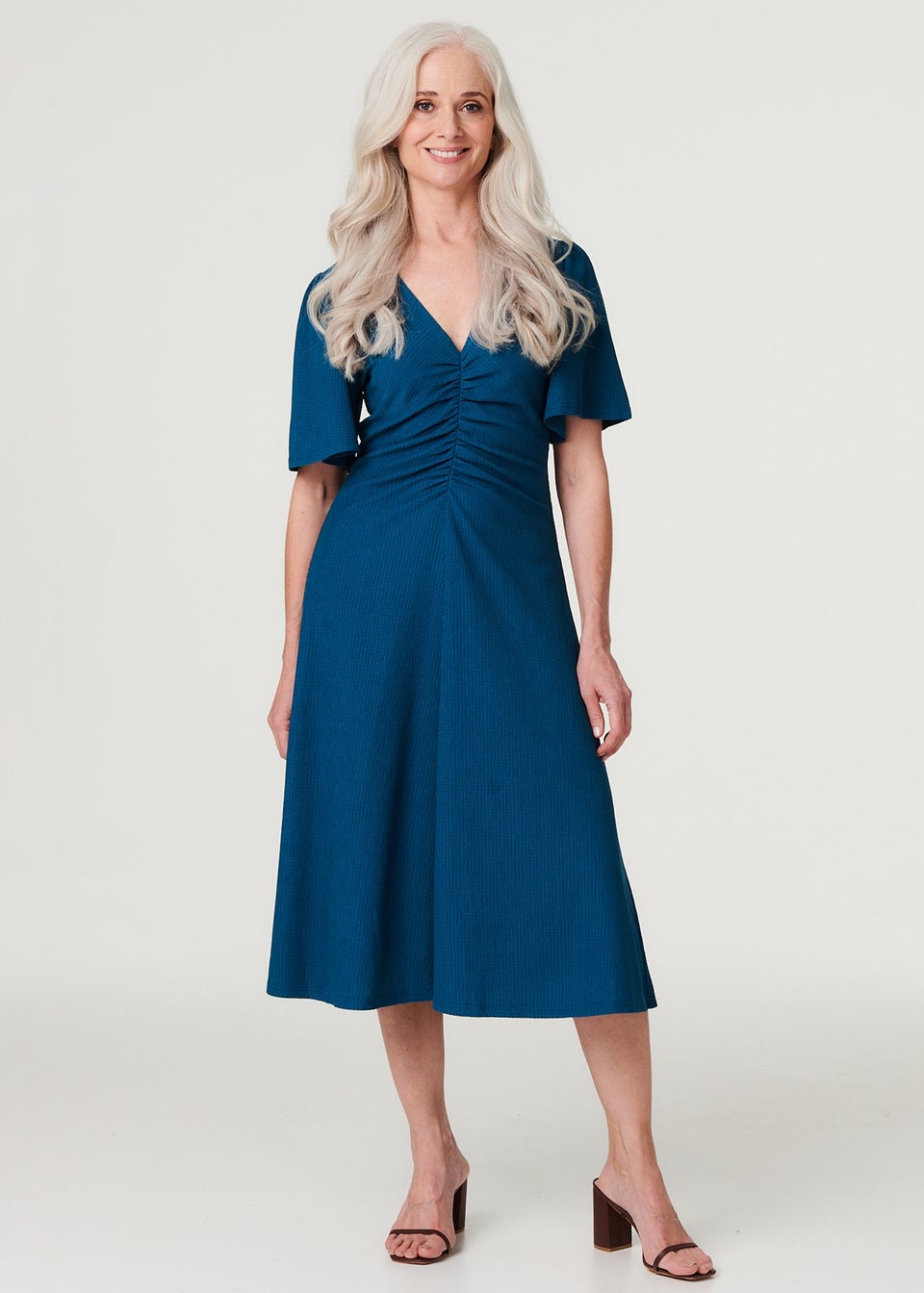 Izabel London Blue Plain Ruched Front Midi Dress