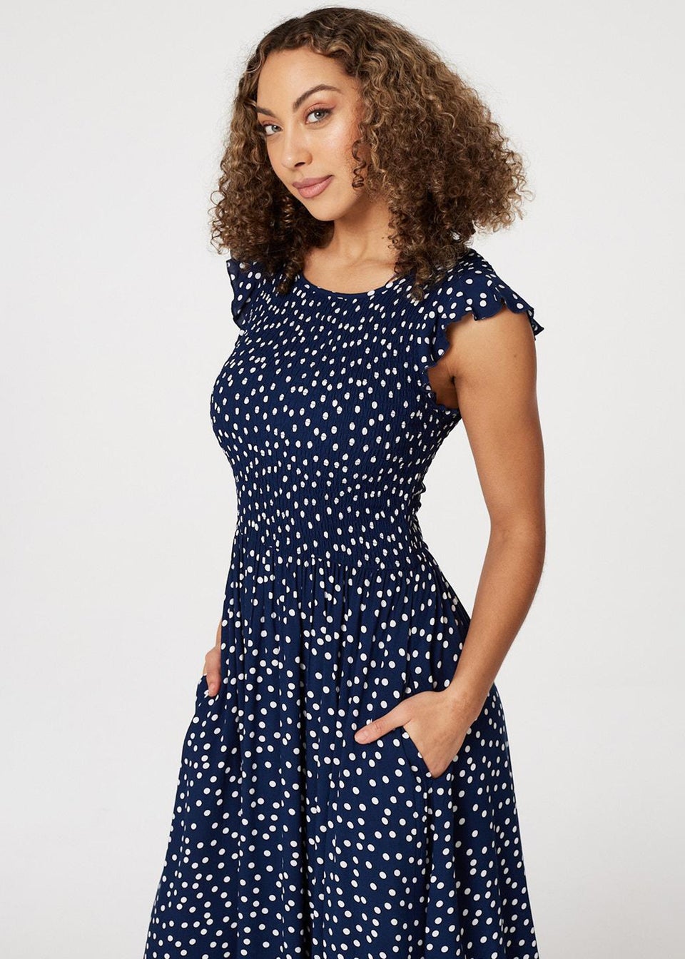Izabel London Navy Polka Dot Cap Sleeve Midi Dress - Matalan