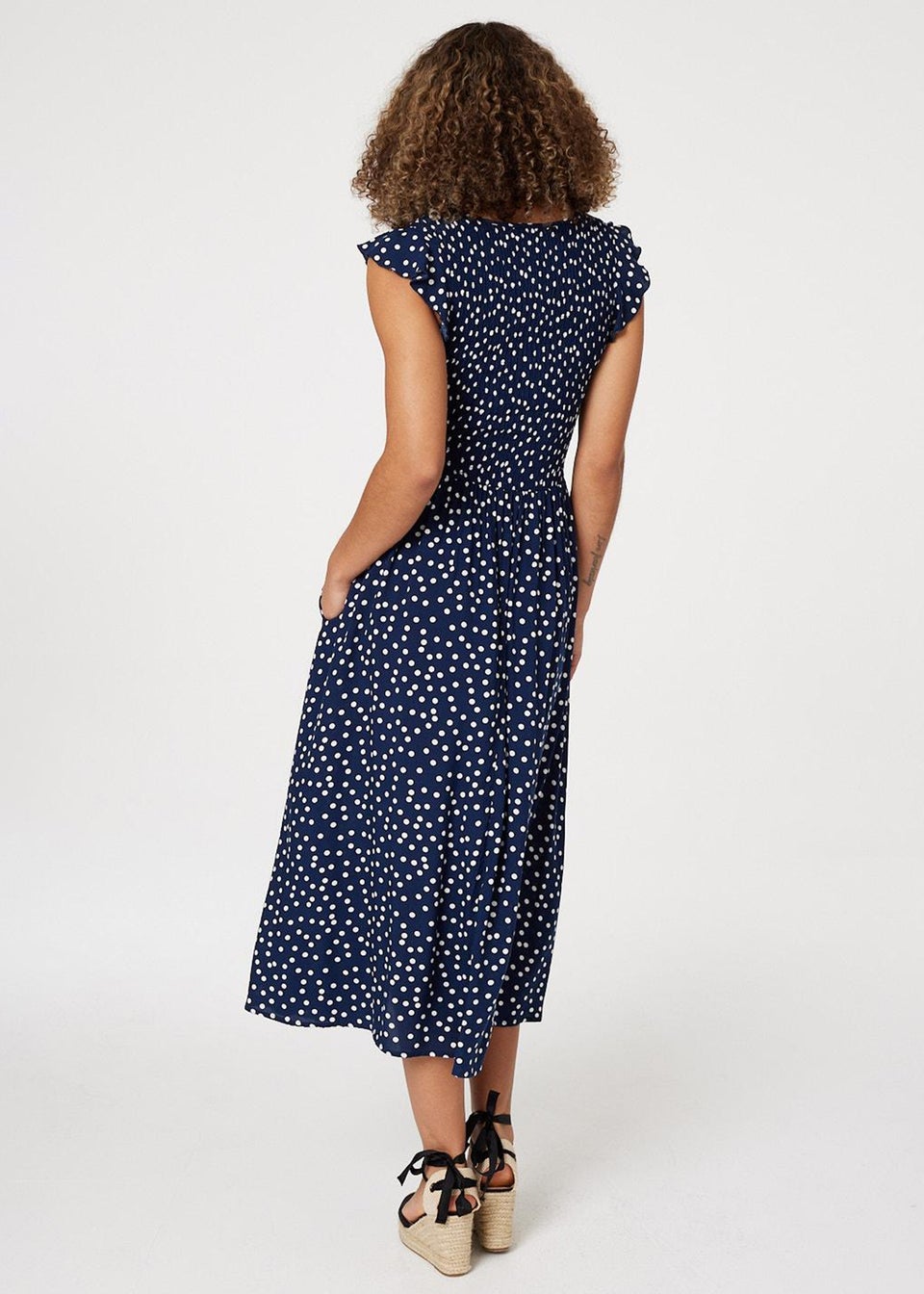 Izabel London Navy Polka Dot Cap Sleeve Midi Dress - Matalan