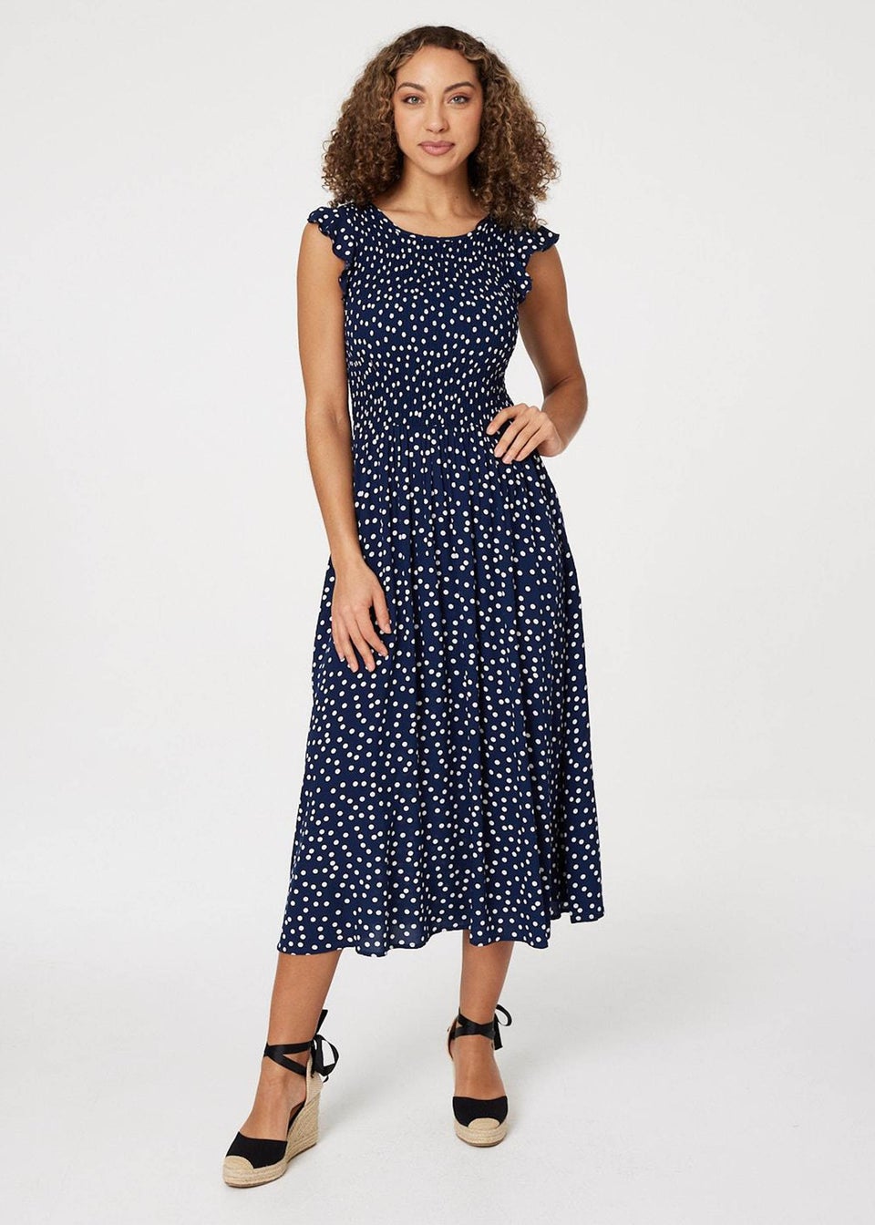 Izabel London Navy Polka Dot Cap Sleeve Midi Dress - Matalan