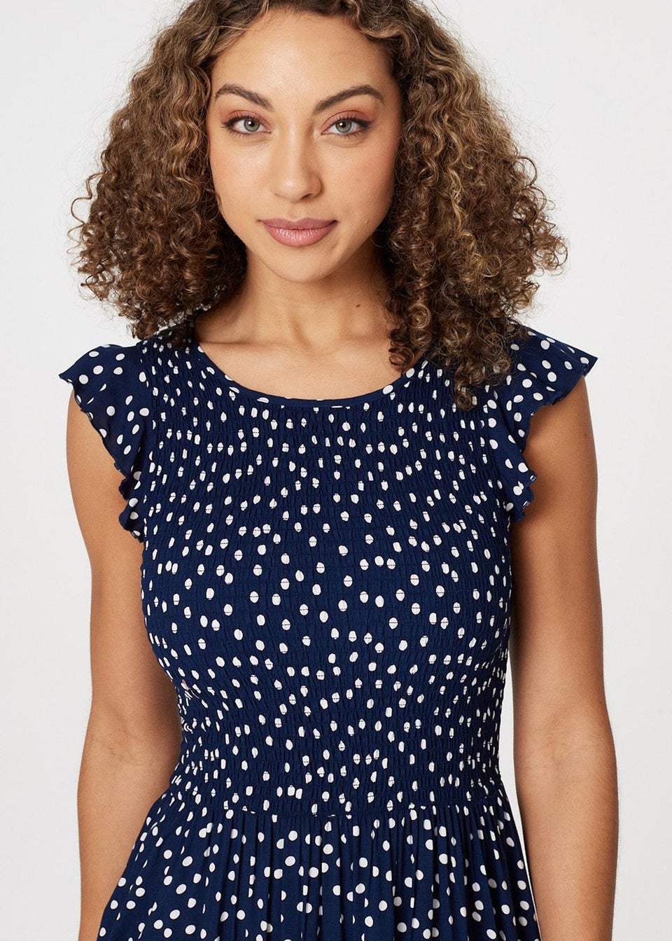 Izabel London Navy Polka Dot Cap Sleeve Midi Dress - Matalan