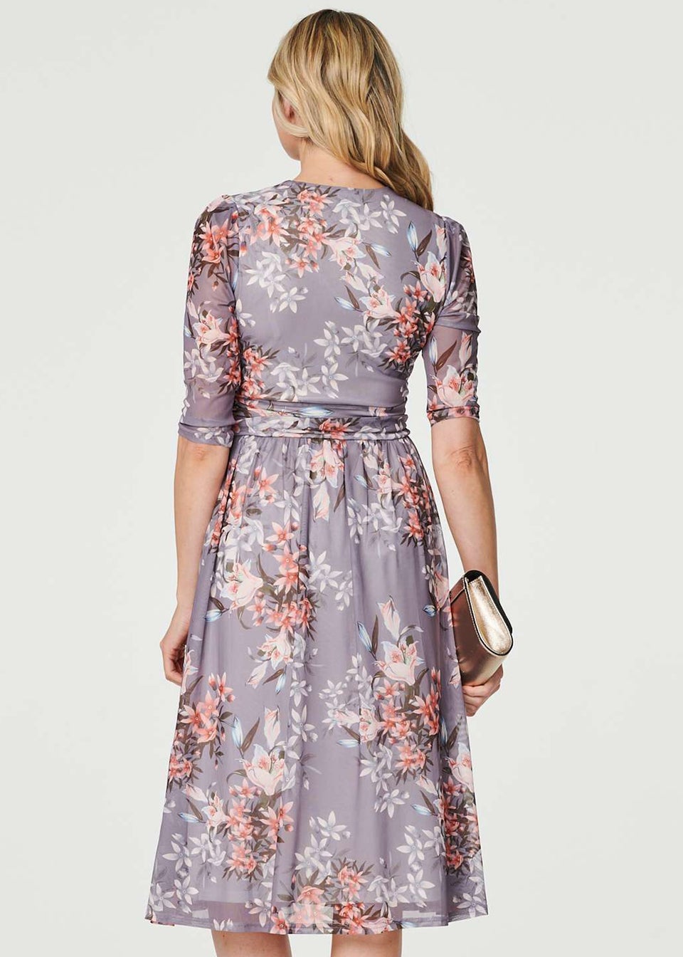 Izabel London Grey Floral Layered V-Neck Midi Dress
