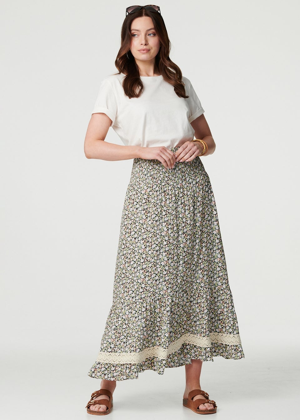 Izabel London Green Ditsy Floral Lace Trim Maxi Skirt