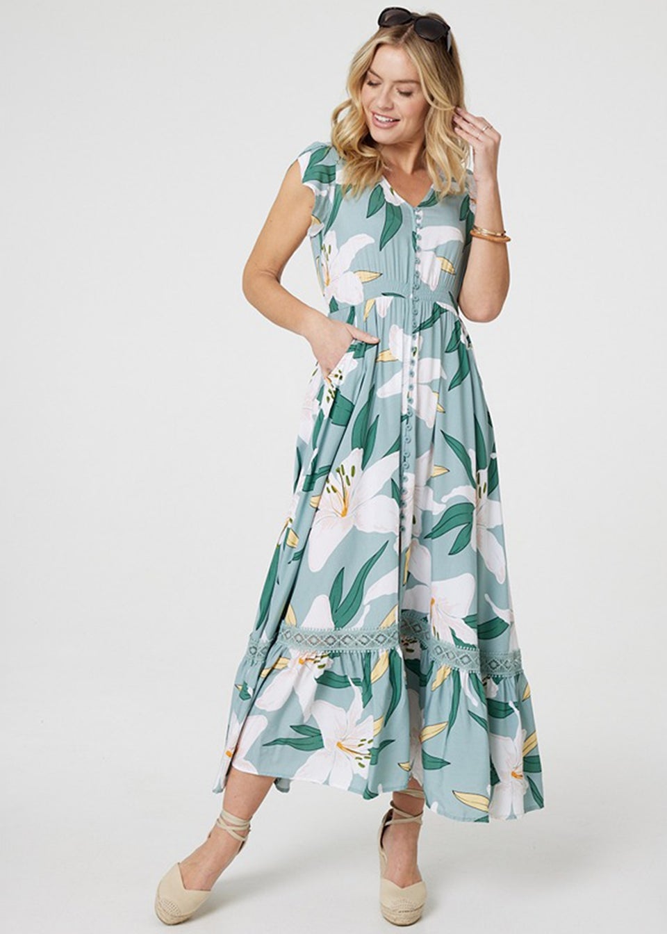 Izabel London Green Lilly Print Lace Trim Maxi Dress