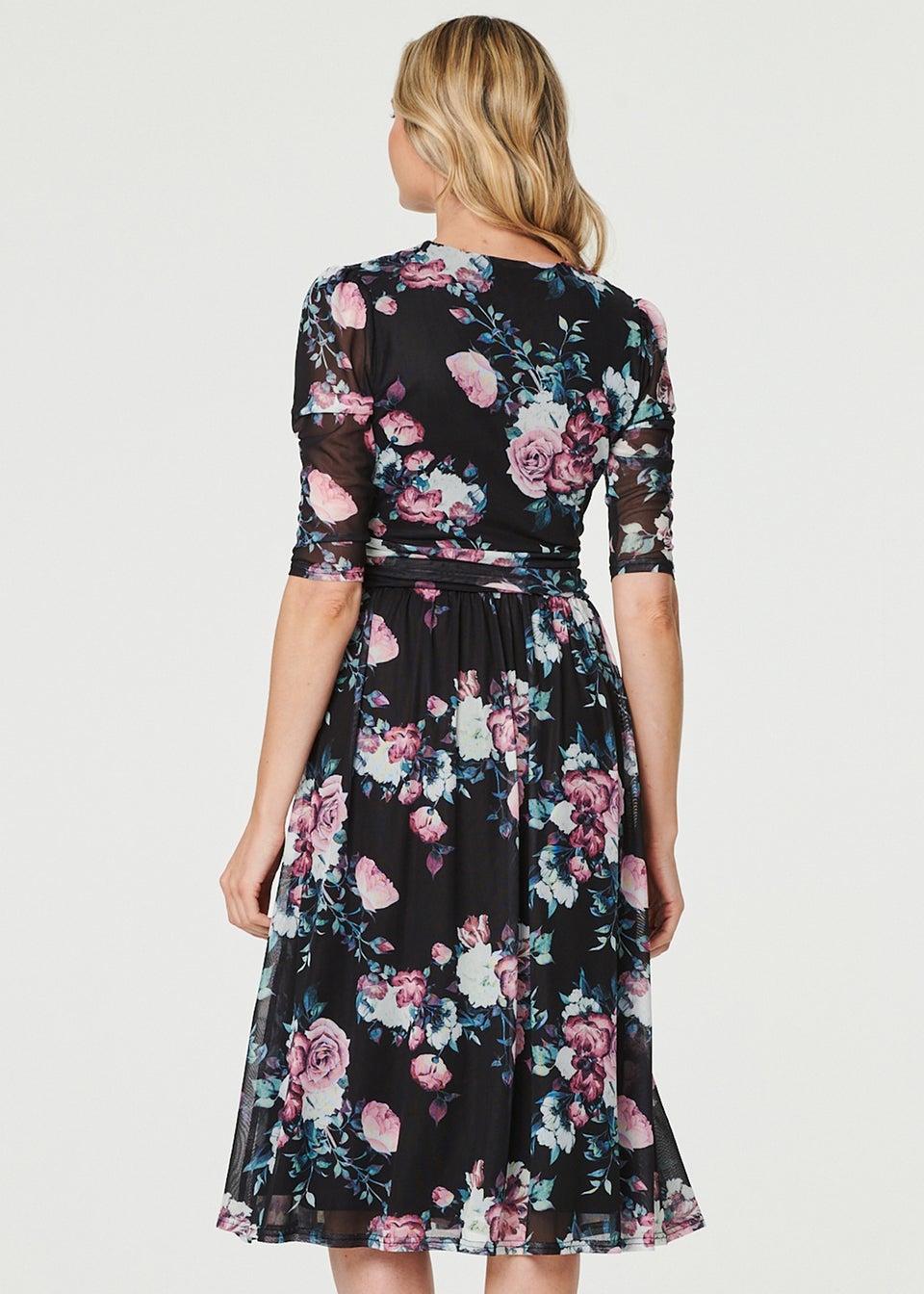 Izabel London Black Floral Ruched Midi Tea Dress