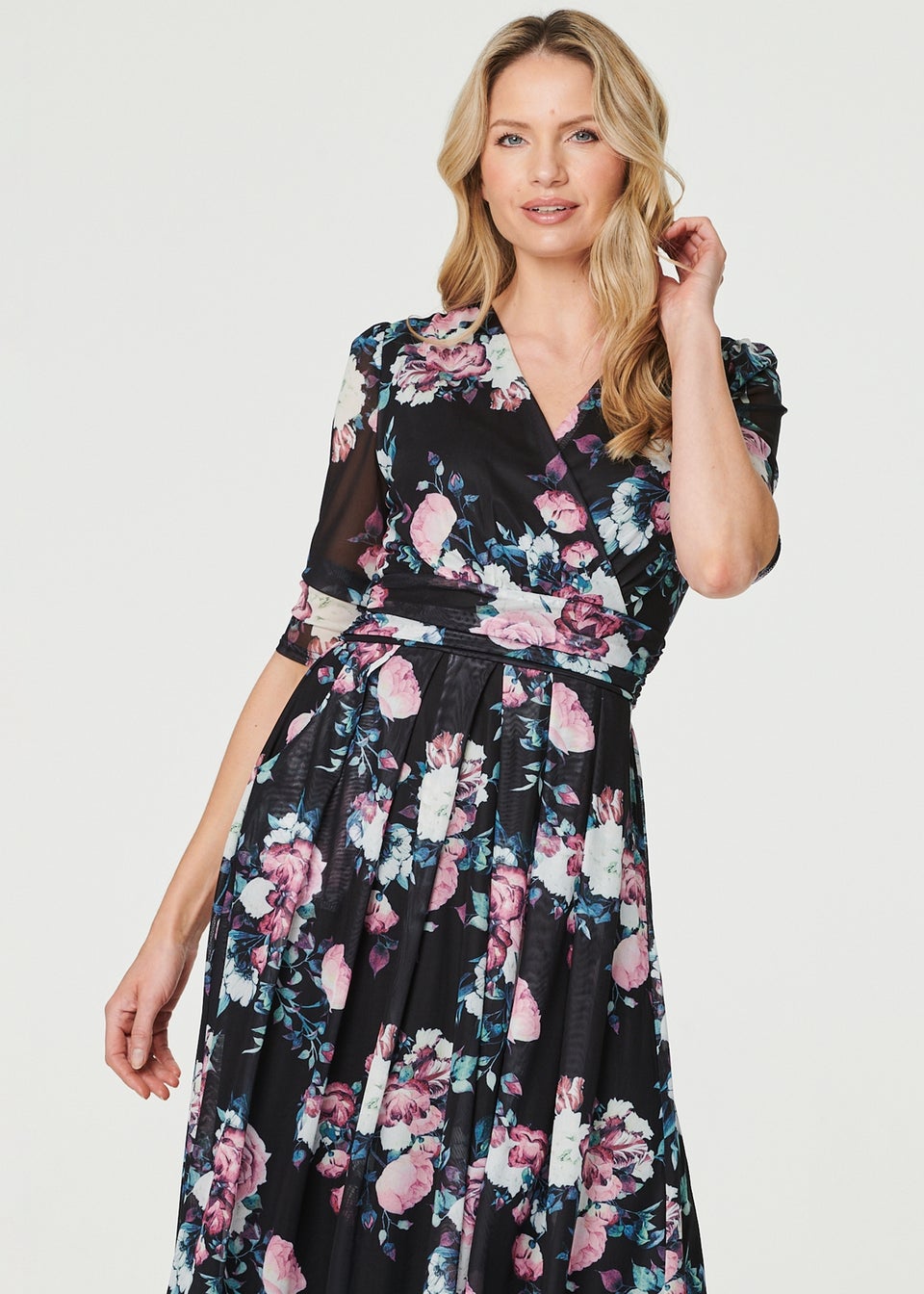 Izabel London Black Floral Ruched Midi Tea Dress