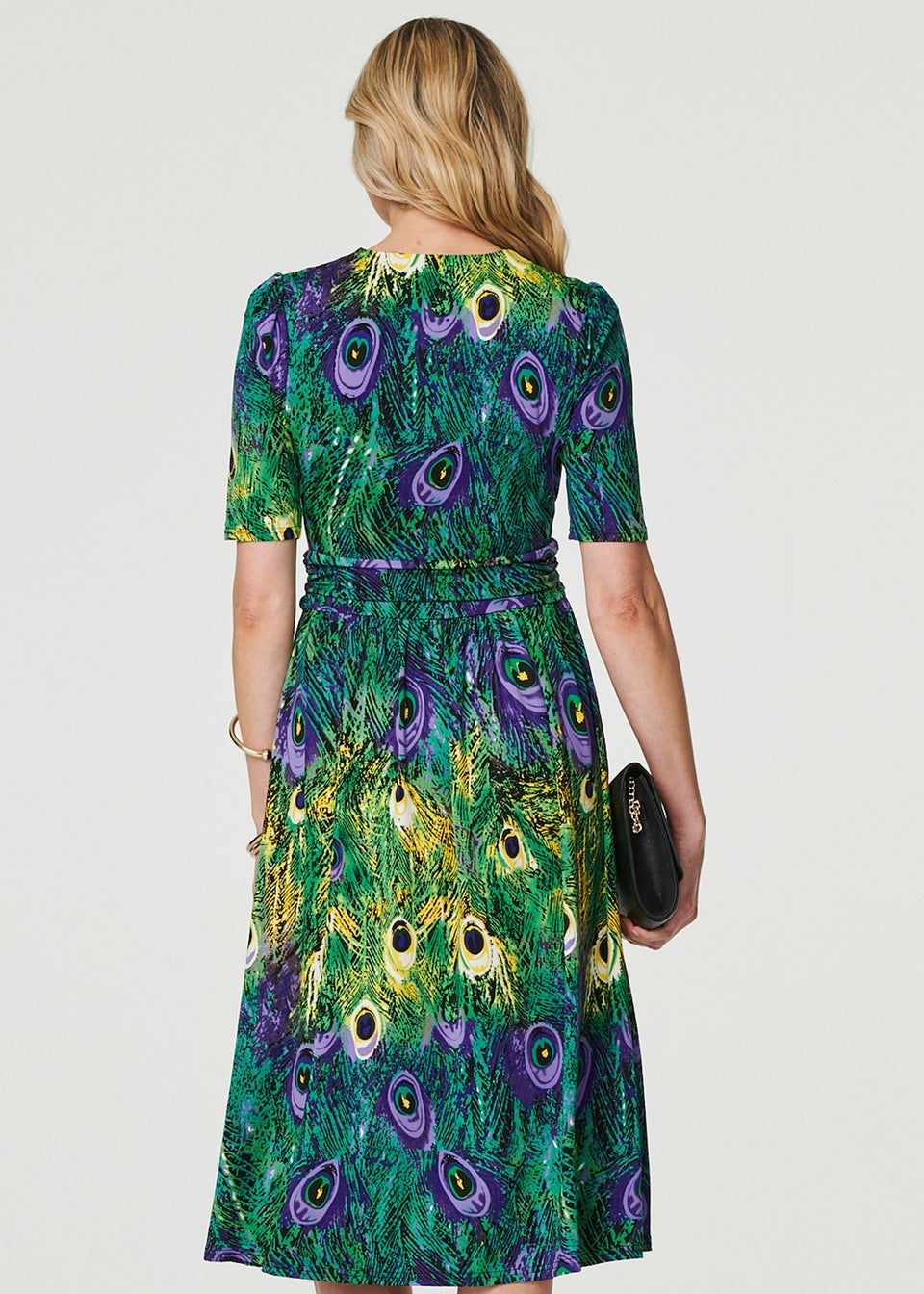 Izabel London Green Peacock Print Ruched Waist Dress