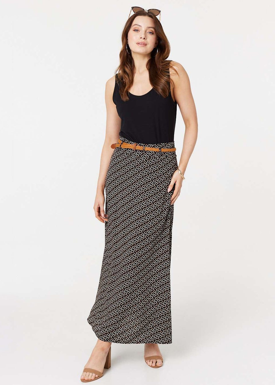 Izabel London Black Printed A-Line Belt Maxi Skirt