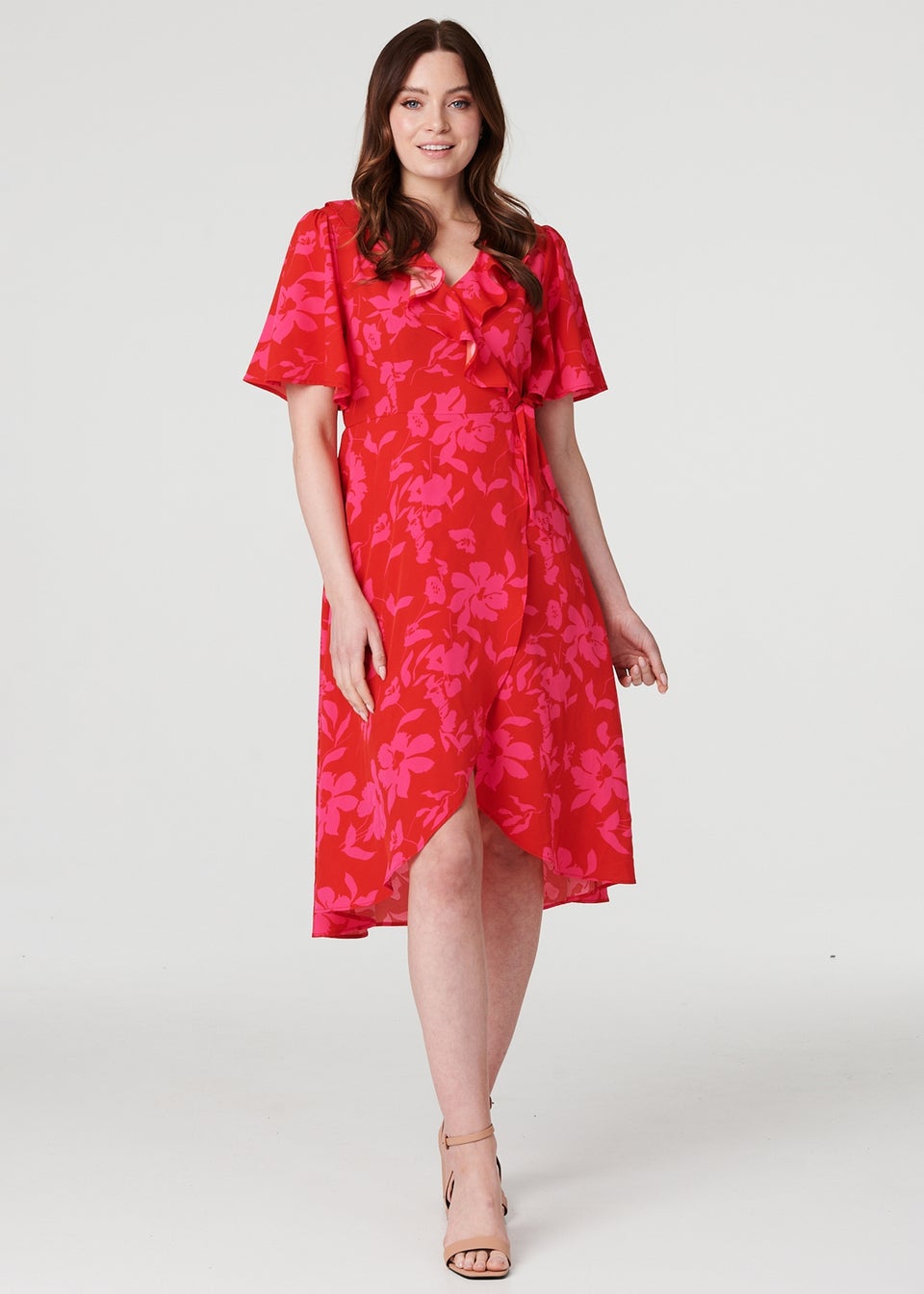 Izabel London Red Floral 1/2 Flare Sleeve Wrap Dress