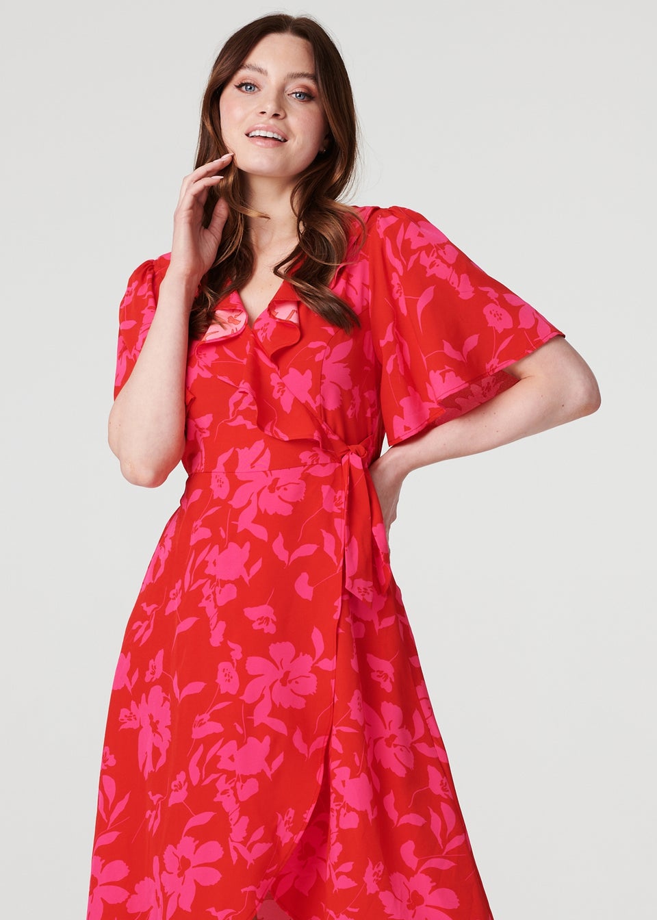 Izabel London Red Floral 1/2 Flare Sleeve Wrap Dress
