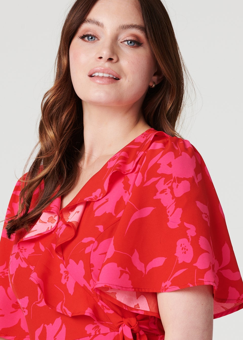 Izabel London Red Floral 1/2 Flare Sleeve Wrap Dress