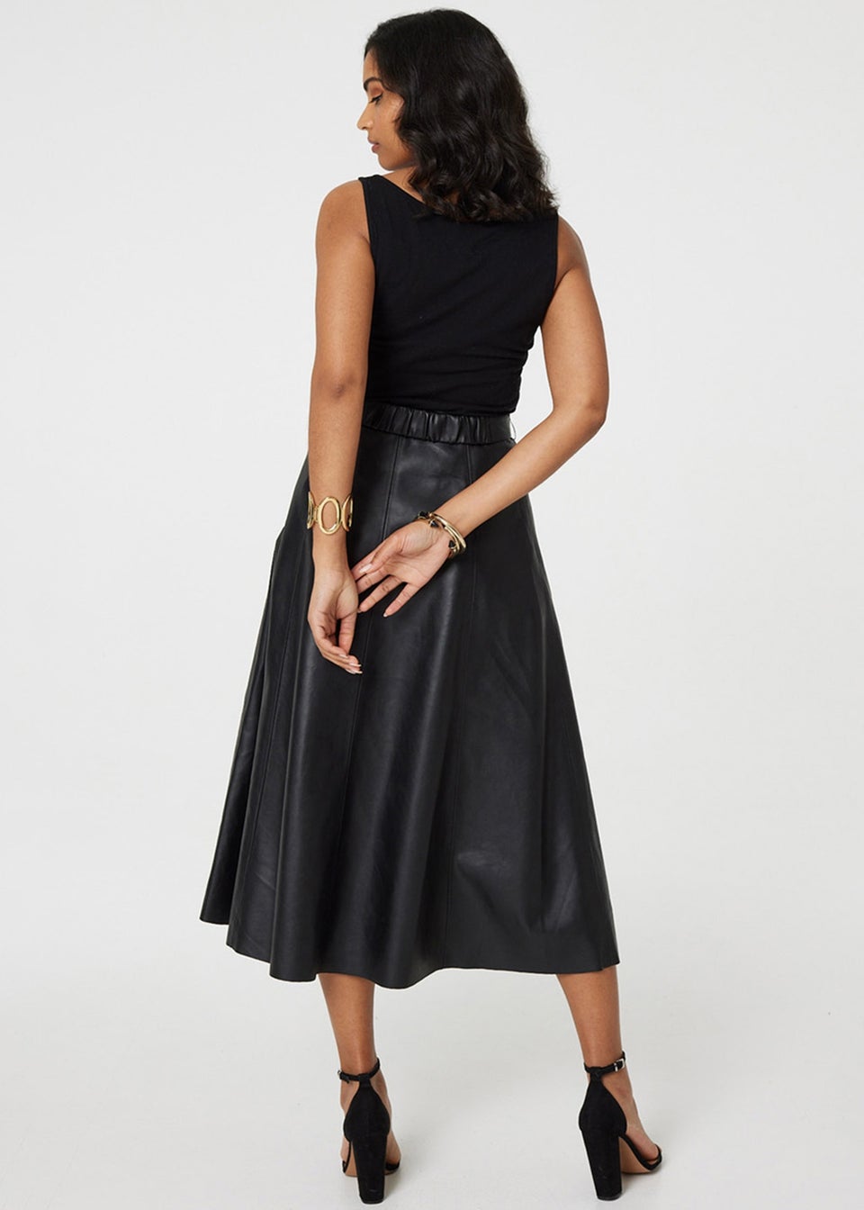 Izabel London Black Faux Leather Belted Midi Skirt
