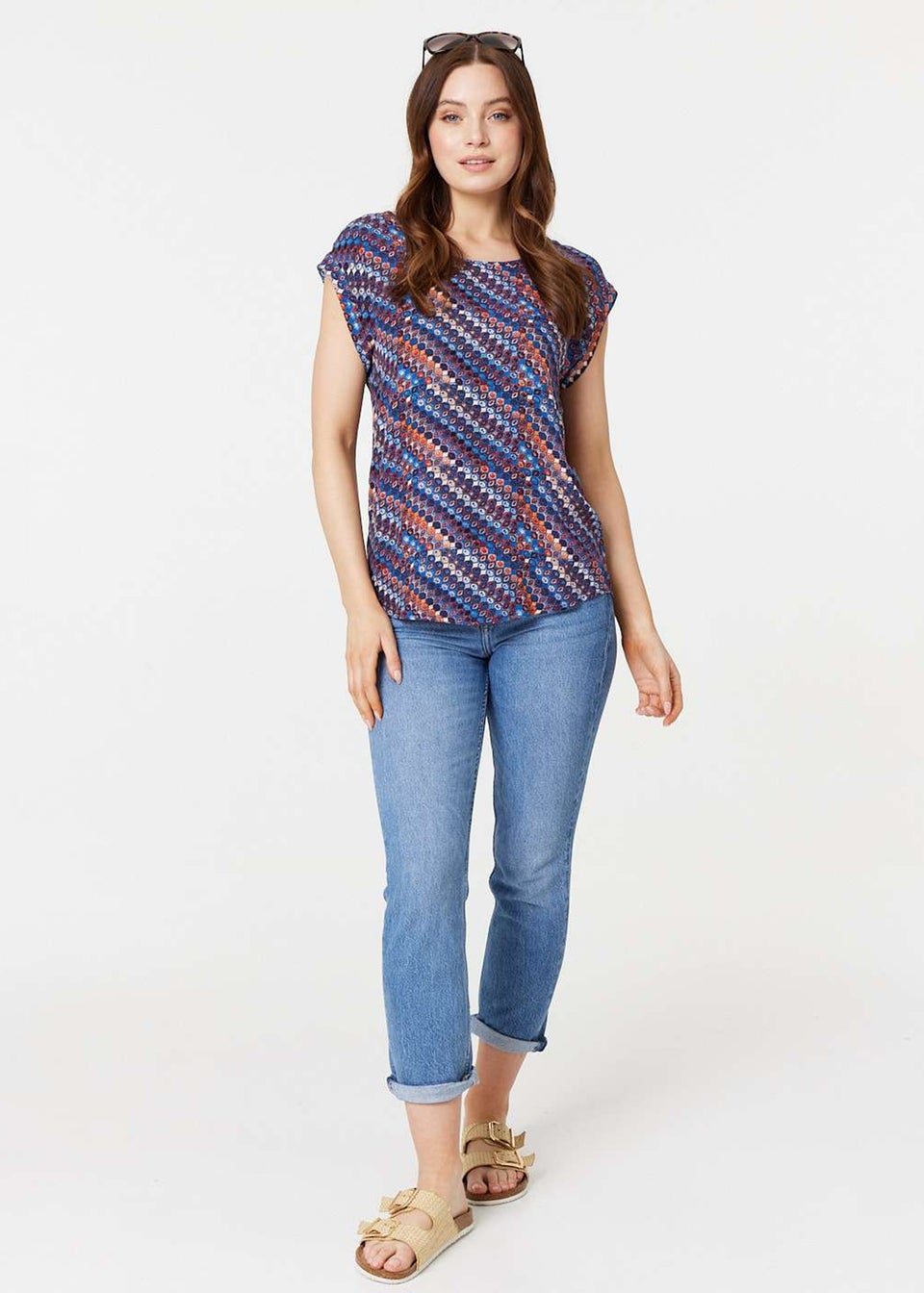 Izabel London Navy Printed Cap Sleeve Shell Top