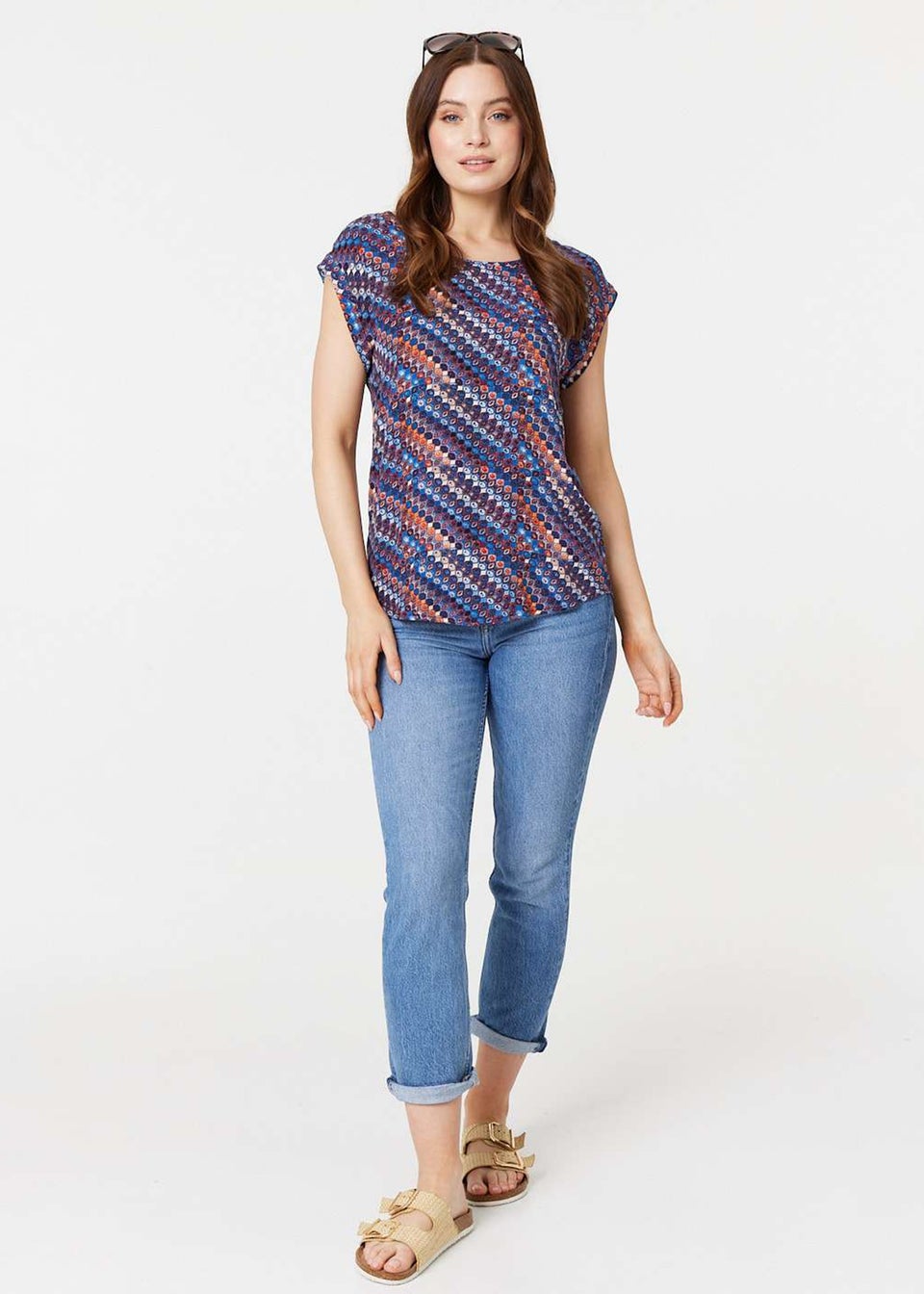 Izabel London Navy Printed Cap Sleeve Shell Top