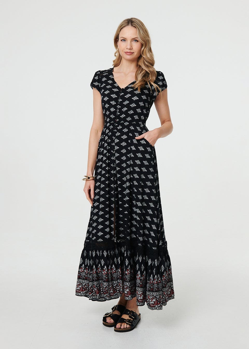 Izabel London Black Printed V-Neck Lace Hem Maxi Dress