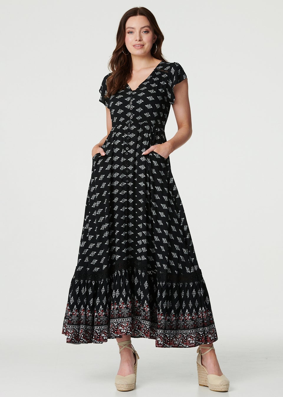 Izabel London Black Printed V-Neck Lace Hem Maxi Dress