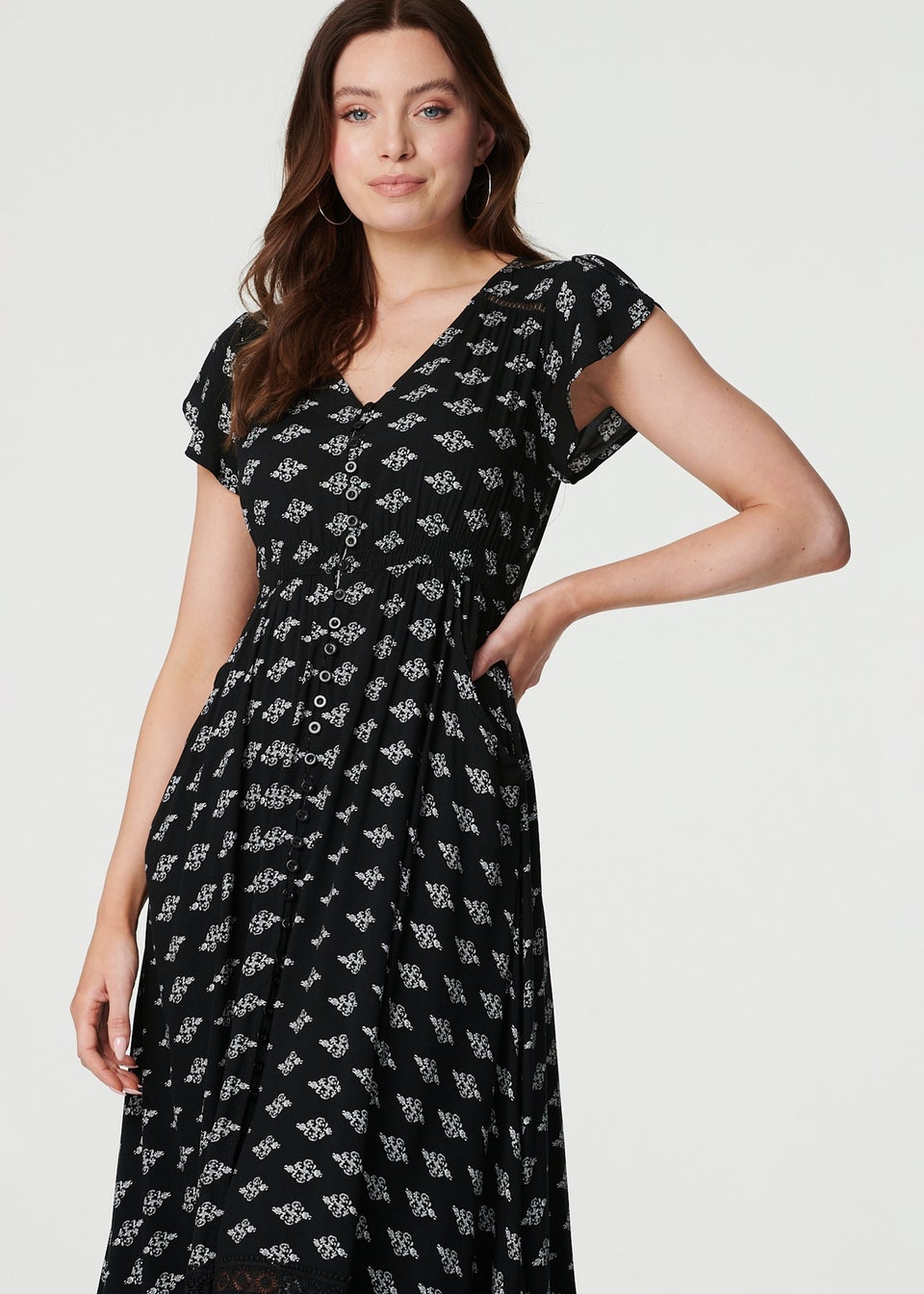 Izabel London Black Printed V-Neck Lace Hem Maxi Dress