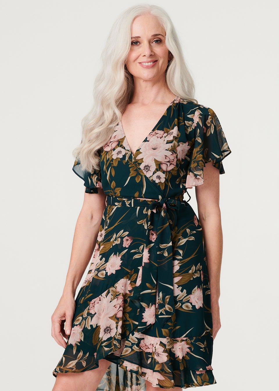 Izabel London Green Floral Flare Sleeve Short Wrap Dress