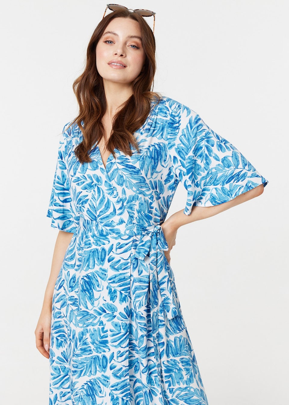 Izabel London Blue Leaf Print Wrap Dress