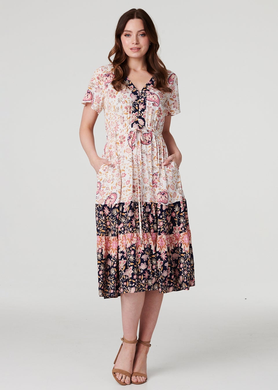 Izabel London White Floral Print Tiered Midi Dress