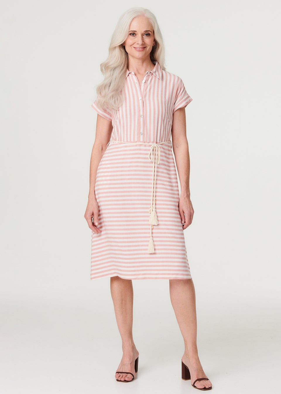 Izabel London Pink Striped Tie Waist Knee Length Dress