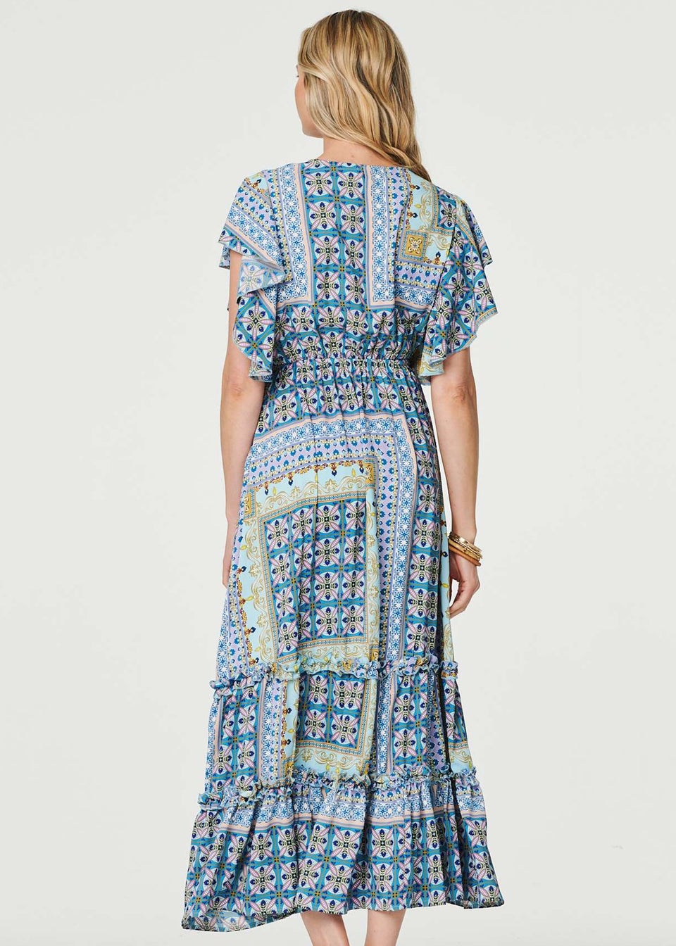 Izabel London Blue Printed Frill Sleeve Maxi Dress