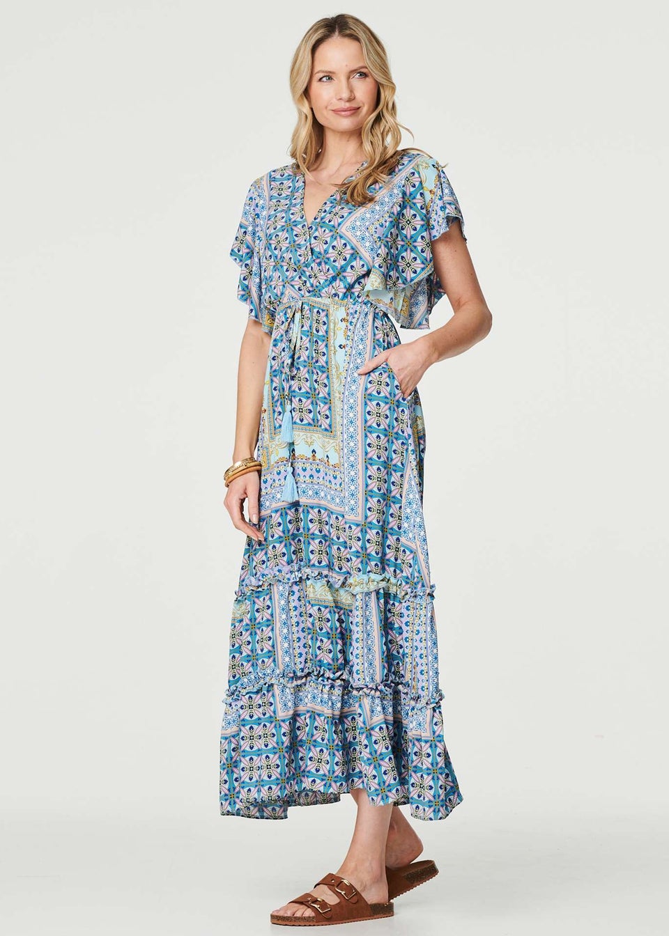 Izabel London Blue Printed Frill Sleeve Maxi Dress