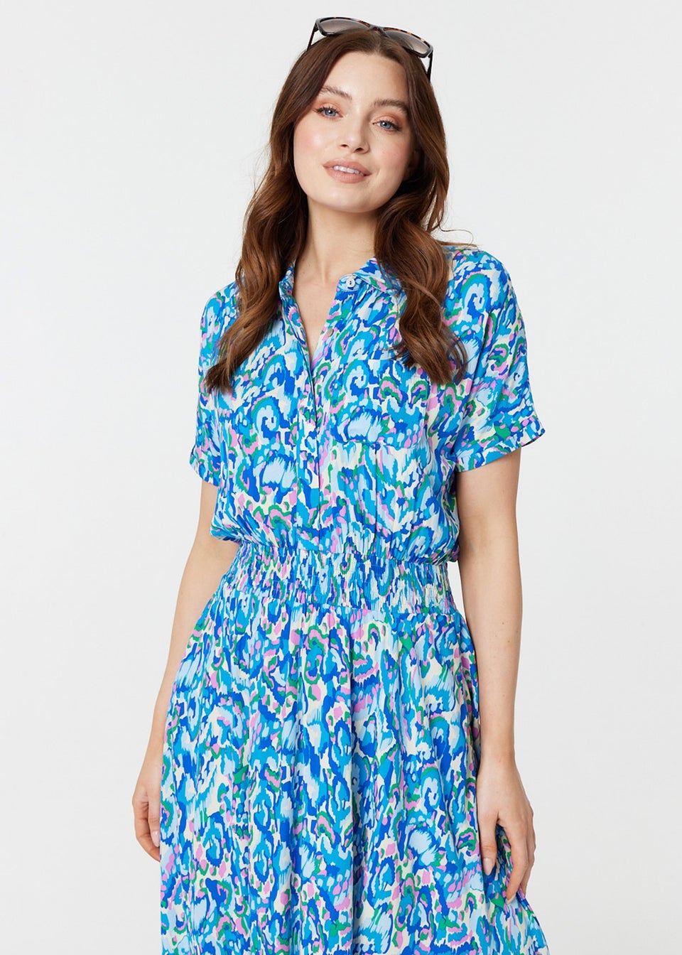 Izabel London Blue Printed Shirred Midi Shirt Dress