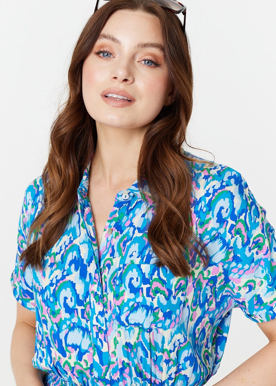 Izabel London Blue Printed Shirred Midi Shirt Dress