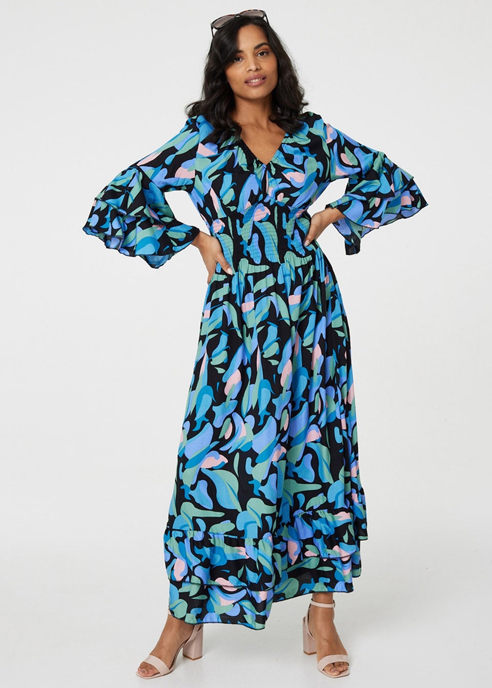 Izabel London Blue Printed Ruffle Hem Empire Maxi Dress