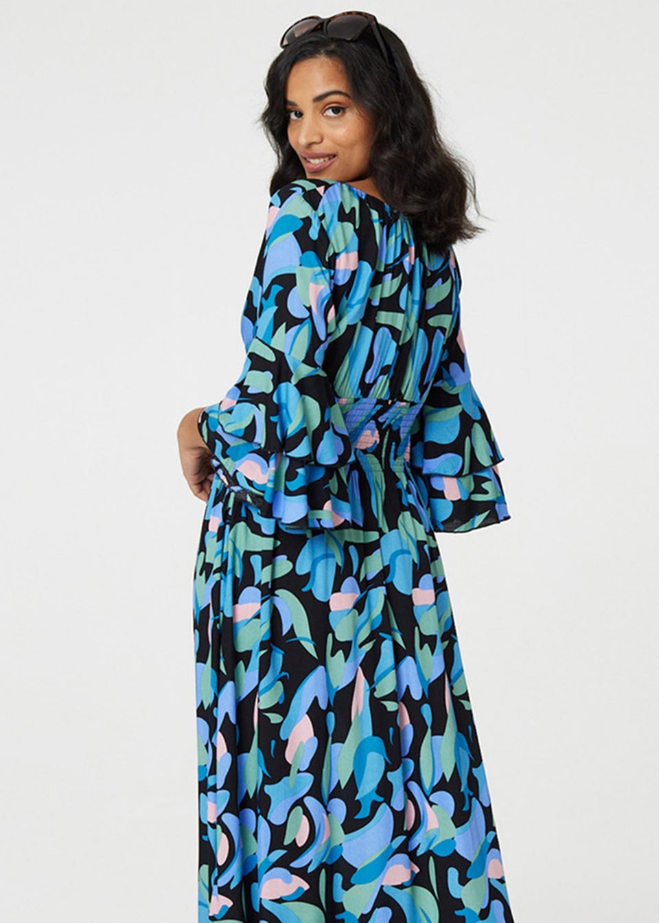 Izabel London Blue Printed Ruffle Hem Empire Maxi Dress