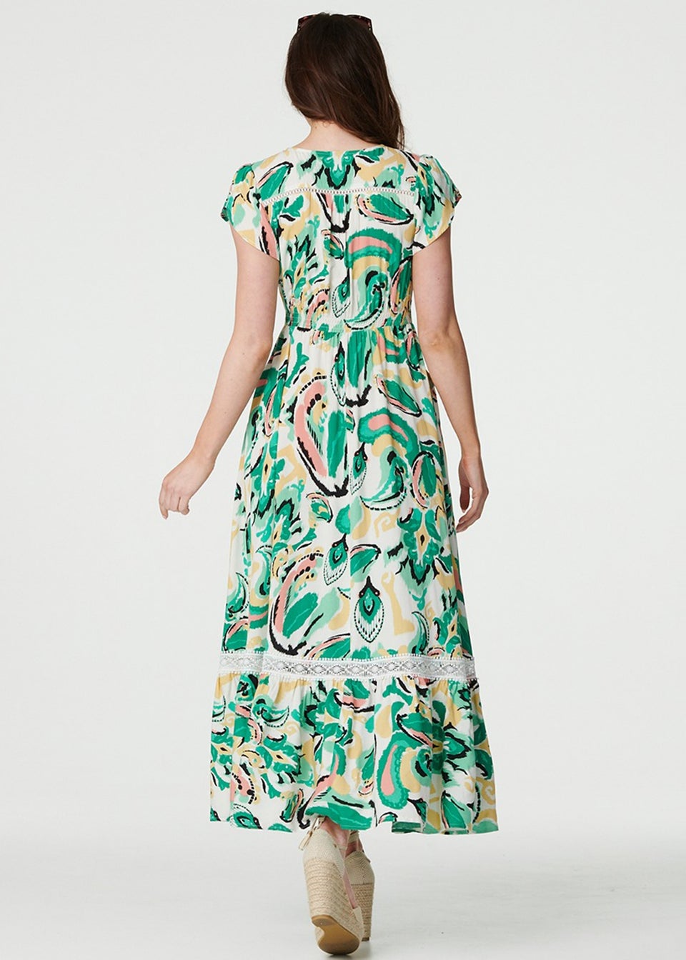 Izabel London Green Printed Lace Trim Maxi Dress