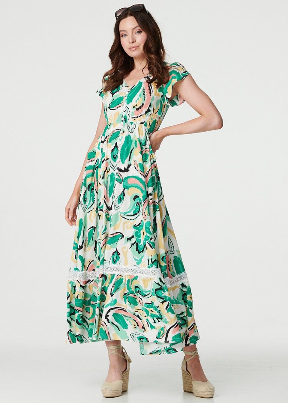 Izabel London Green Printed Lace Trim Maxi Dress