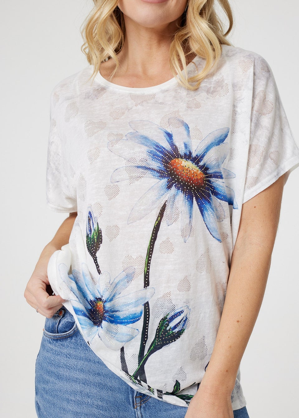 Izabel London White Embellished Daisy Print T-Shirt