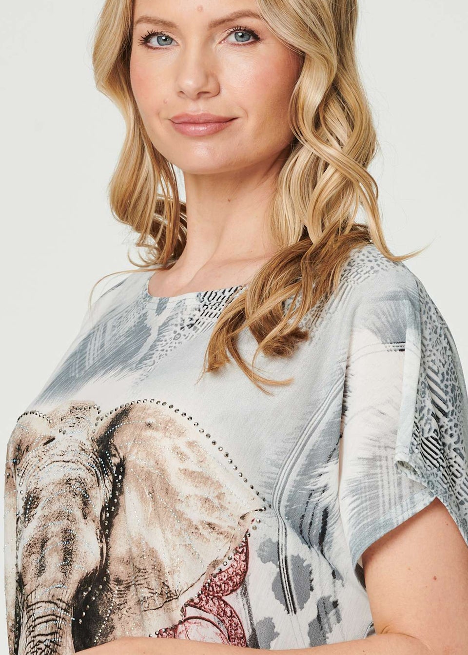 Izabel London Silver Embellished Elephant Graphic Top